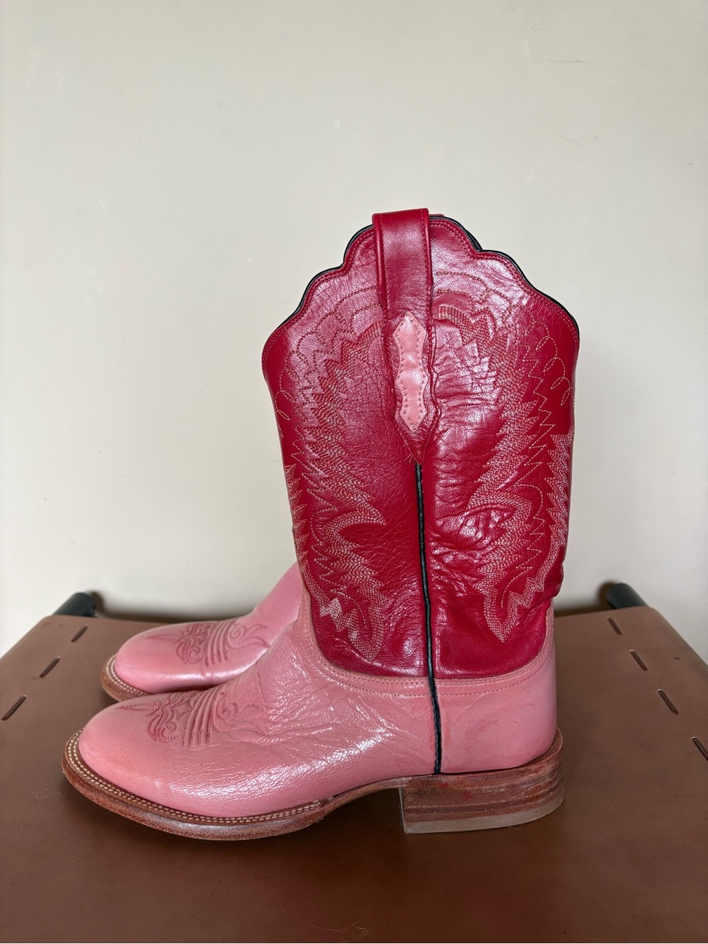 Lucchese Pink and Red Lace-Up Cowgirl Boots